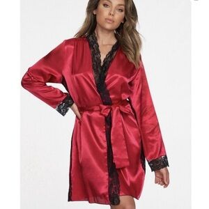 Frederick's Red Satin Robe with Black Lace Trim